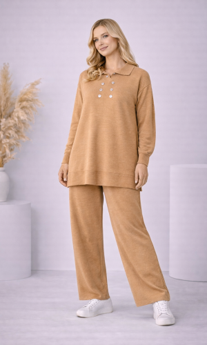 طقم تريكو نسائي كاجوال بصف أزرار 4206  - شوكو