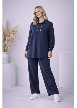 طقم تريكو نسائي كاجوال بصف أزرار 4206  - كحلي