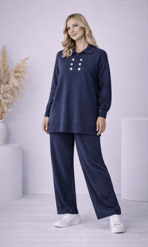 طقم تريكو نسائي كاجوال بصف أزرار 4206  - كحلي