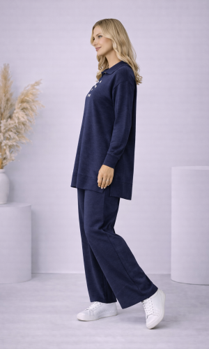 طقم تريكو نسائي كاجوال بصف أزرار 4206  - كحلي