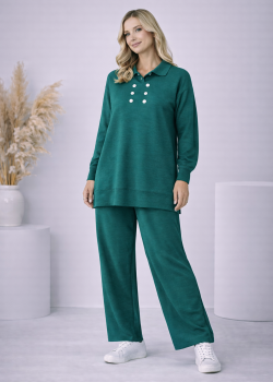 طقم تريكو نسائي كاجوال بصف أزرار 4206  - زيتي