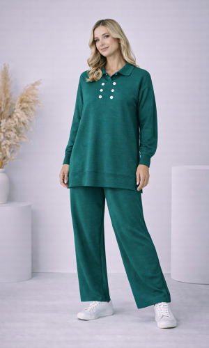 طقم تريكو نسائي كاجوال بصف أزرار 4206  - زيتي