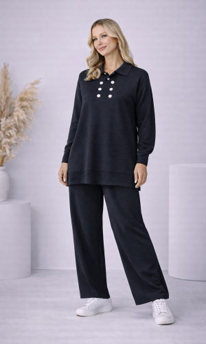 طقم تريكو نسائي كاجوال بصف أزرار 4206  - اسود