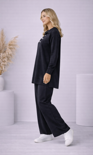 طقم تريكو نسائي كاجوال بصف أزرار 4206  - اسود