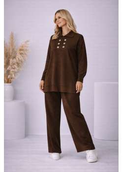 طقم تريكو نسائي كاجوال بصف أزرار 4206  - بني
