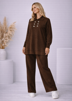 طقم تريكو نسائي كاجوال بصف أزرار 4206  - بني
