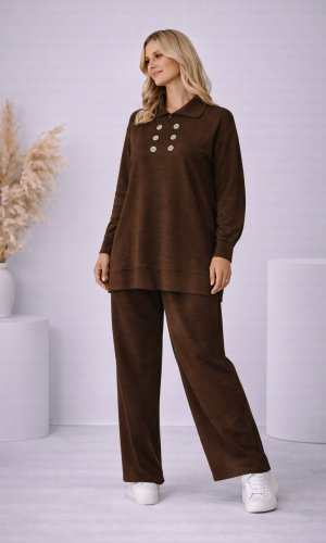 طقم تريكو نسائي كاجوال بصف أزرار 4206  - بني
