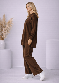 طقم تريكو نسائي كاجوال بصف أزرار 4206  - بني