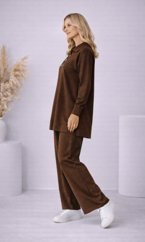 طقم تريكو نسائي كاجوال بصف أزرار 4206  - بني