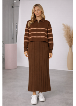 فستان تريكو نسائي راقٍ قطعتين بلوزة مخططة 4207  - بني