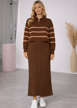 فستان تريكو نسائي راقٍ قطعتين بلوزة مخططة 4207  - بني