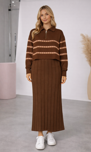فستان تريكو نسائي راقٍ قطعتين بلوزة مخططة 4207  - بني