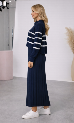 فستان تريكو نسائي راقٍ قطعتين بلوزة مخططة 4207  - كحلي