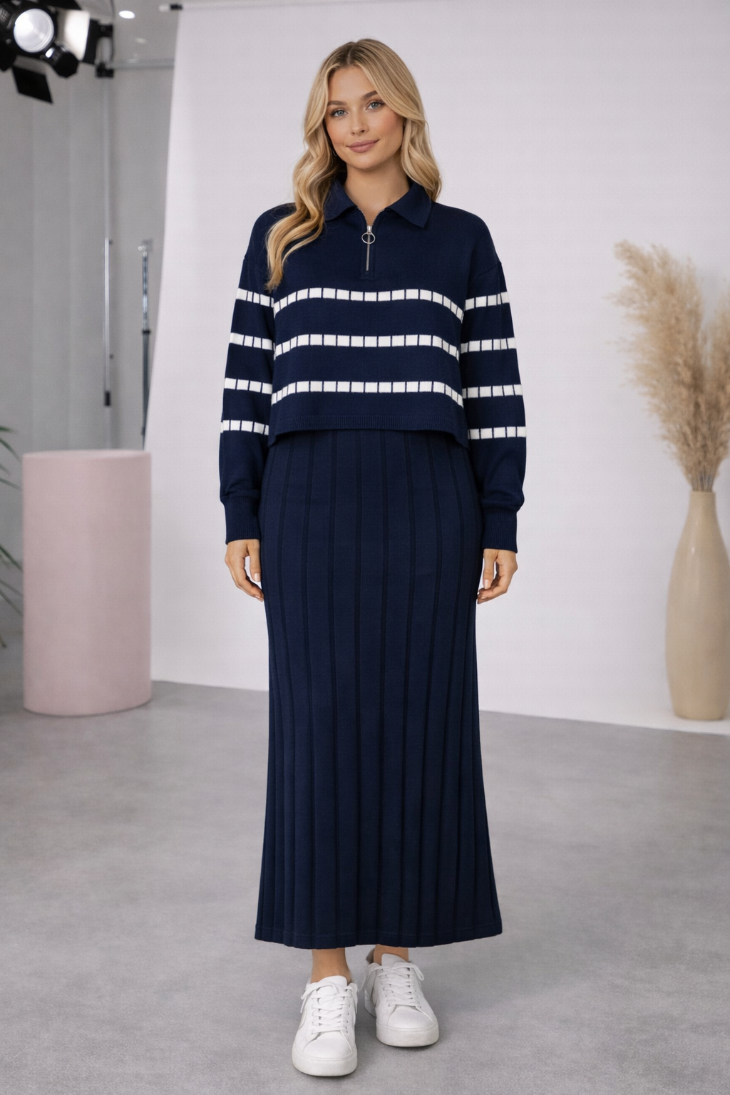 Elegant Women's Two-Piece Knit Dress with Striped Top 4207 - deep