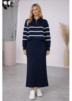 فستان تريكو نسائي راقٍ قطعتين بلوزة مخططة 4207  - كحلي