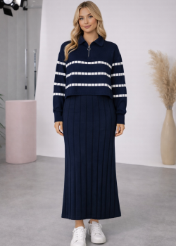 فستان تريكو نسائي راقٍ قطعتين بلوزة مخططة 4207  - كحلي