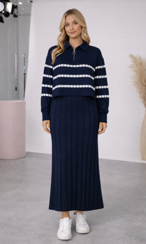 فستان تريكو نسائي راقٍ قطعتين بلوزة مخططة 4207  - كحلي