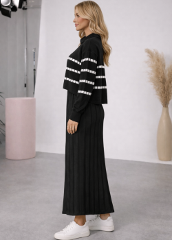 فستان تريكو نسائي راقٍ قطعتين بلوزة مخططة 4207  - اسود