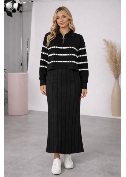 فستان تريكو نسائي راقٍ قطعتين بلوزة مخططة 4207  - اسود