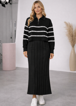 فستان تريكو نسائي راقٍ قطعتين بلوزة مخططة 4207  - اسود