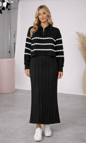 فستان تريكو نسائي راقٍ قطعتين بلوزة مخططة 4207  - اسود