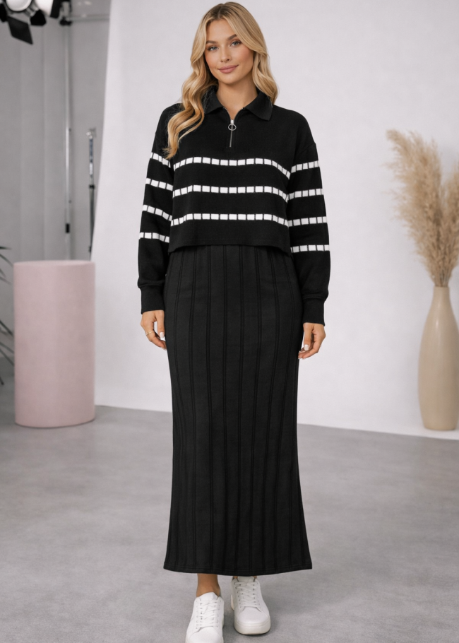 4207 فستان تريكو مكعبات  - اسود