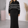 Elegant Women's Two-Piece Knit Dress with Striped Top 4207  - black