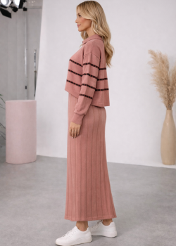 فستان تريكو نسائي راقٍ قطعتين بلوزة مخططة 4207  - زهر