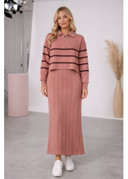 فستان تريكو نسائي راقٍ قطعتين بلوزة مخططة 4207  - زهر