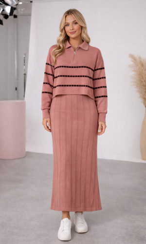 فستان تريكو نسائي راقٍ قطعتين بلوزة مخططة 4207  - زهر