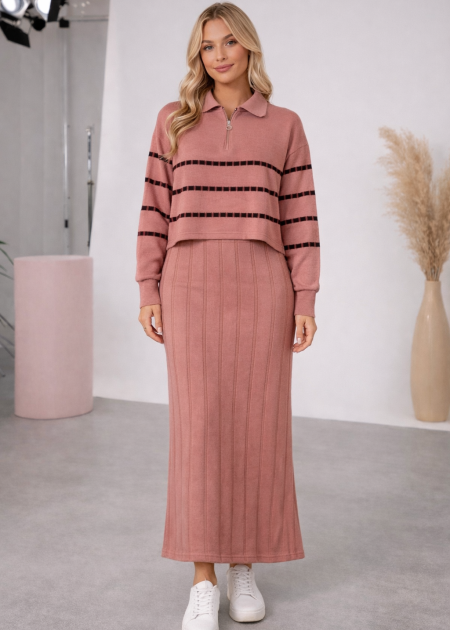 Elegant Women's Two-Piece Knit Dress with Striped Top 4207 - pink - OUTER  WEAR - Moda Mix | Moda Mix