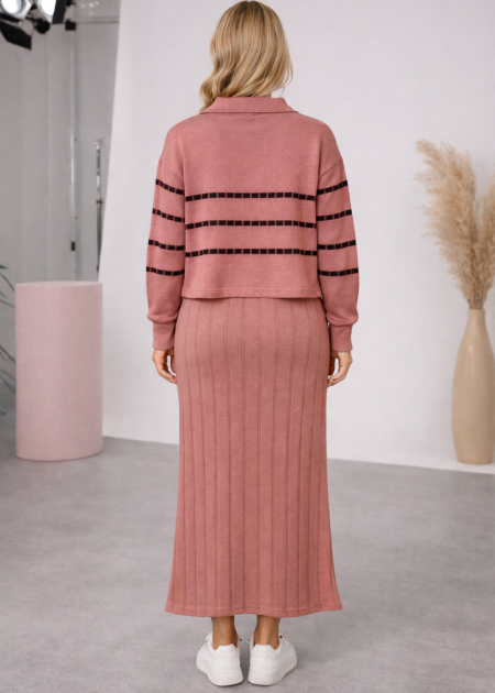 Elegant Women's Two-Piece Knit Dress with Striped Top 4207 - pink - OUTER WEAR - Moda Mix | Moda Mix Elegant Women's Two-Piece Knit Dress with Striped Top 4207 - pink - OUTER WEAR - Moda Mix | Moda Mix