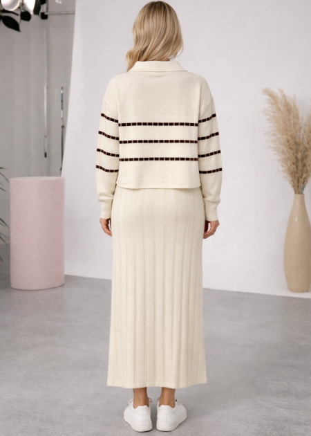 two piece knitted dress Elegant Women's Two-Piece Knit with Striped Top 4207 - ecru - OUTER WEAR - Moda Mix Destination Wedding Dress