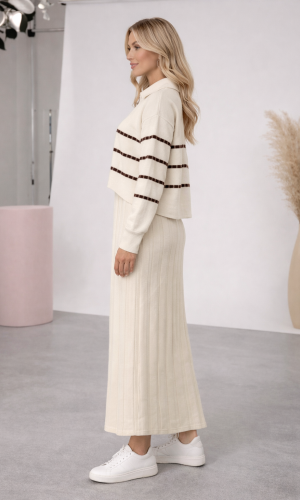 فستان تريكو نسائي راقٍ قطعتين بلوزة مخططة 4207  - سكري