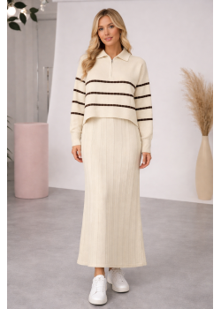 فستان تريكو نسائي راقٍ قطعتين بلوزة مخططة 4207  - سكري