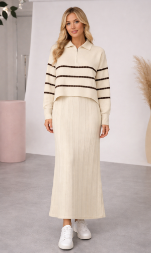 فستان تريكو نسائي راقٍ قطعتين بلوزة مخططة 4207  - سكري