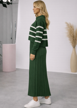 فستان تريكو نسائي راقٍ قطعتين بلوزة مخططة 4207  - زيتي