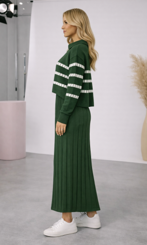فستان تريكو نسائي راقٍ قطعتين بلوزة مخططة 4207  - زيتي