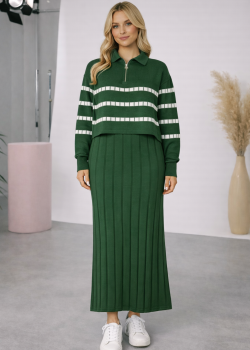 فستان تريكو نسائي راقٍ قطعتين بلوزة مخططة 4207  - زيتي