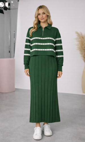 فستان تريكو نسائي راقٍ قطعتين بلوزة مخططة 4207  - زيتي