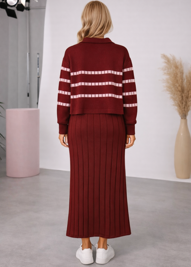 4207 فستان تريكو مكعبات  - خمري