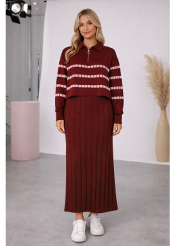 فستان تريكو نسائي راقٍ قطعتين بلوزة مخططة 4207  - خمري