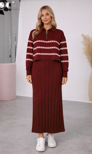 فستان تريكو نسائي راقٍ قطعتين بلوزة مخططة 4207  - خمري