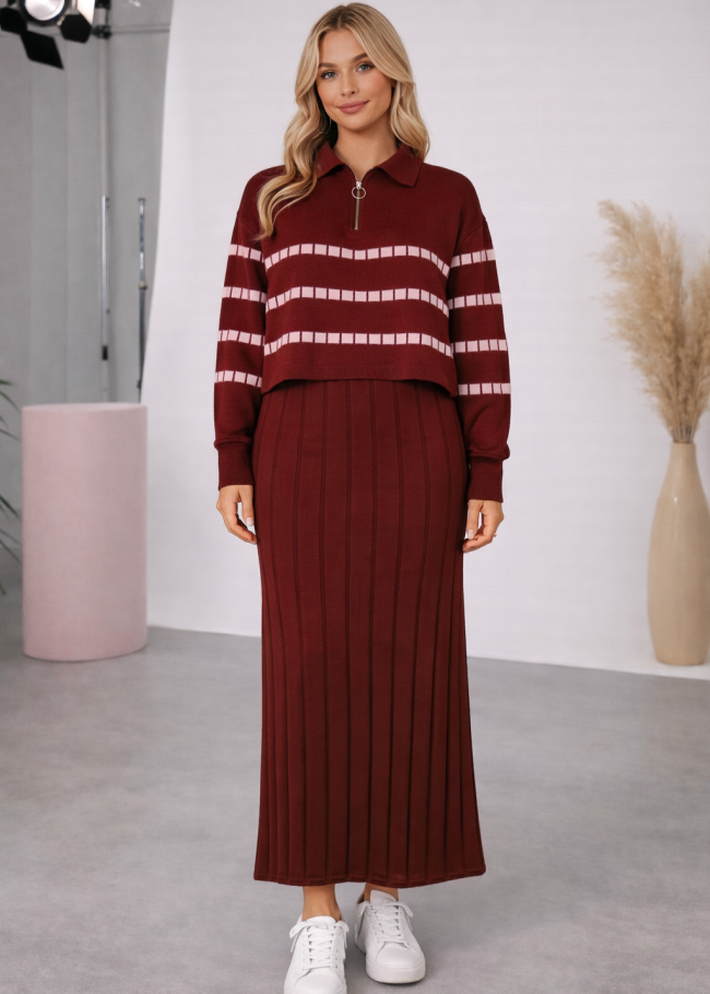 4207 فستان تريكو مكعبات  - خمري