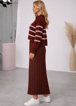 فستان تريكو نسائي راقٍ قطعتين بلوزة مخططة 4207  - خمري