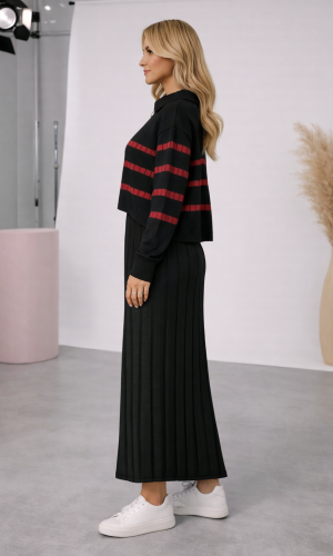 فستان تريكو نسائي راقٍ قطعتين بلوزة مخططة 4207  - حديدي