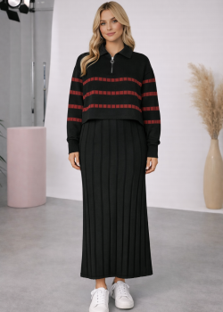 فستان تريكو نسائي راقٍ قطعتين بلوزة مخططة 4207  - حديدي