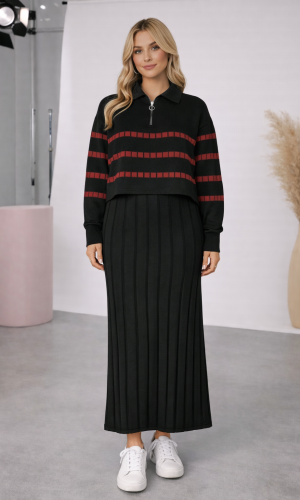 فستان تريكو نسائي راقٍ قطعتين بلوزة مخططة 4207  - حديدي