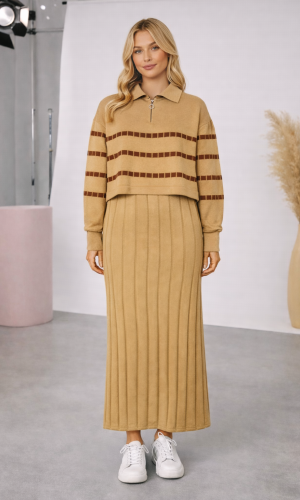 فستان تريكو نسائي راقٍ قطعتين بلوزة مخططة 4207  - شوكو