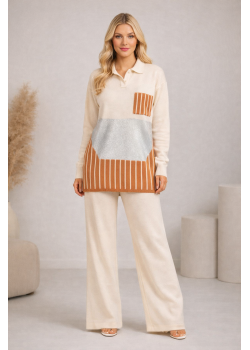 طقم تريكو نسائي عصري قطعتين بتفاصيل هندسية 4208 - بيج